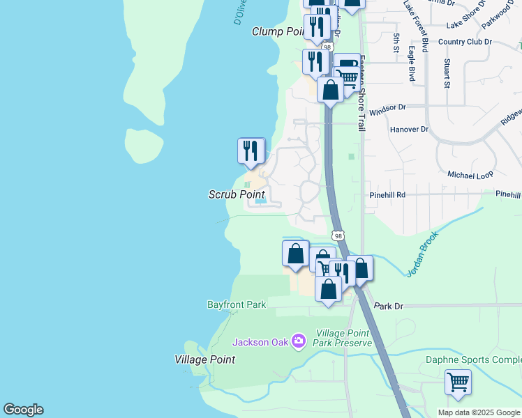 map of restaurants, bars, coffee shops, grocery stores, and more near 4 Yacht Club Drive in Daphne