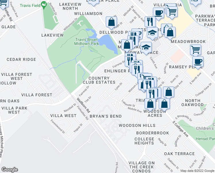 map of restaurants, bars, coffee shops, grocery stores, and more near 310 Ehlinger Drive in Bryan