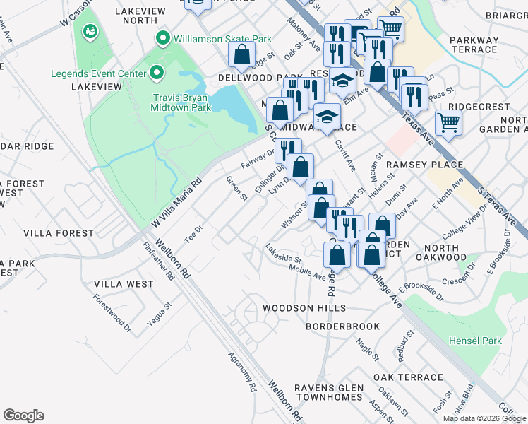map of restaurants, bars, coffee shops, grocery stores, and more near 203 Lynn Drive in Bryan