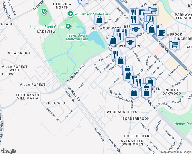 map of restaurants, bars, coffee shops, grocery stores, and more near 310 Ehlinger Drive in Bryan