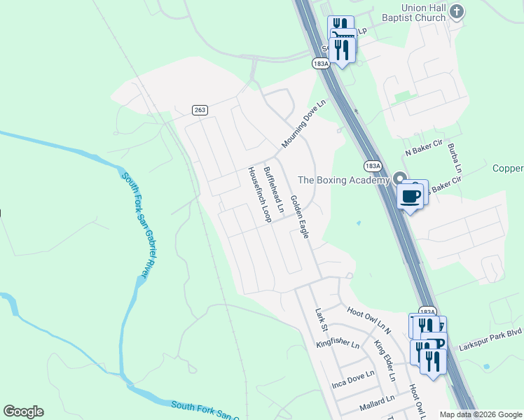 map of restaurants, bars, coffee shops, grocery stores, and more near 172 Housefinch Loop in Leander