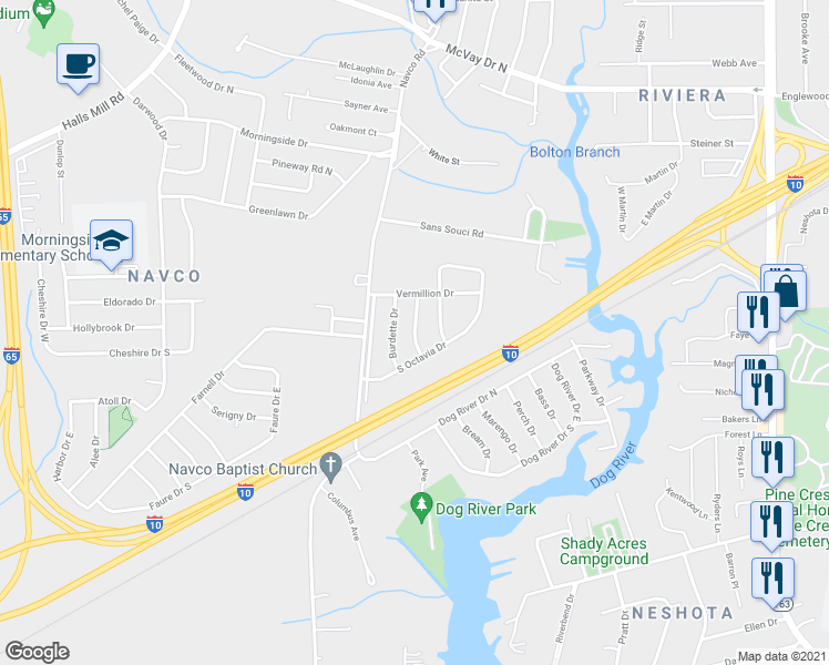 map of restaurants, bars, coffee shops, grocery stores, and more near 1615 Wormeley Drive in Mobile
