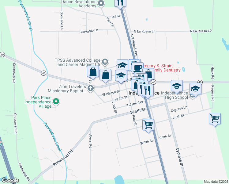 map of restaurants, bars, coffee shops, grocery stores, and more near 225 North Oak Street in Independence