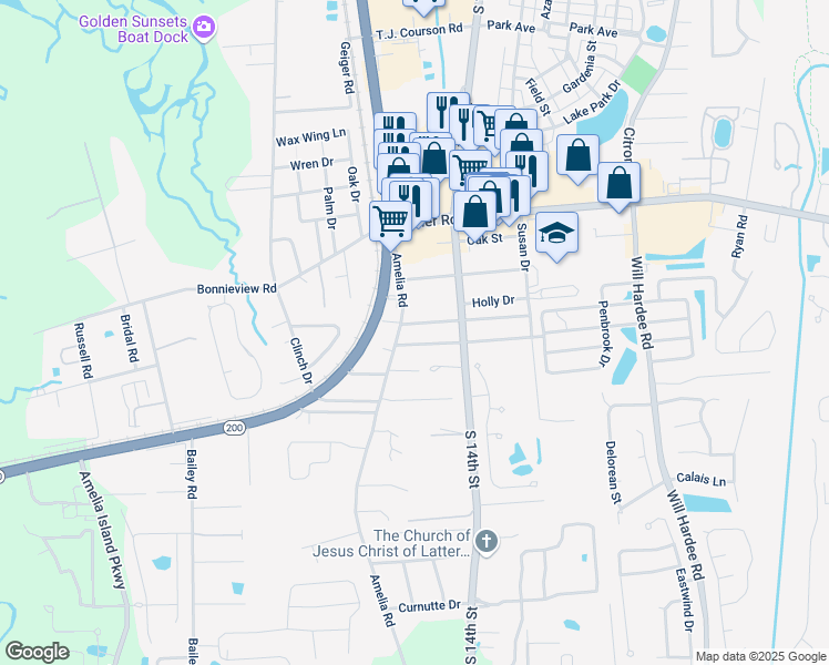 map of restaurants, bars, coffee shops, grocery stores, and more near 813 Nottingham Drive in Fernandina Beach
