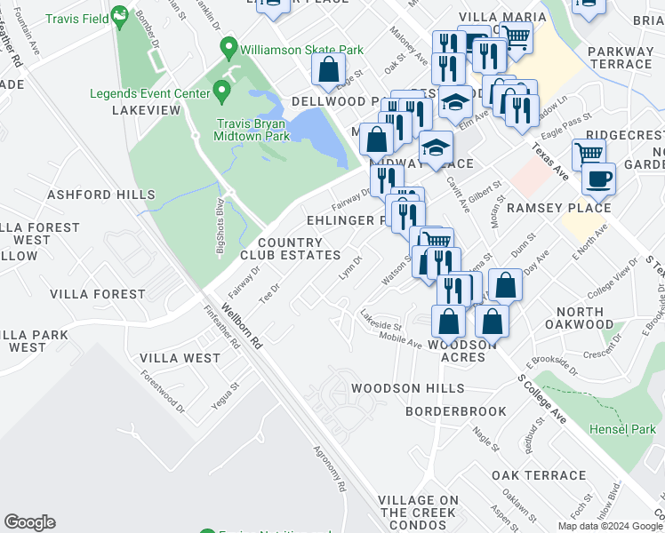 map of restaurants, bars, coffee shops, grocery stores, and more near 302 Ehlinger Drive in Bryan