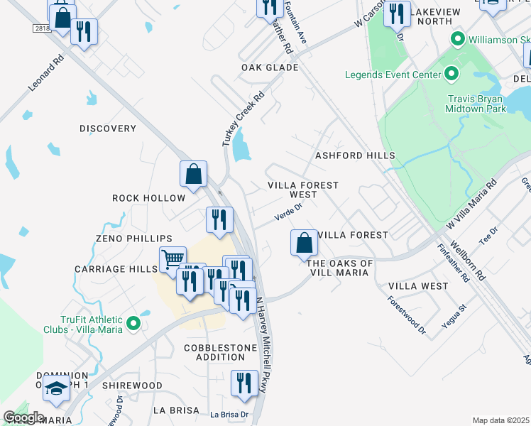 map of restaurants, bars, coffee shops, grocery stores, and more near 1208 Webhollow Circle in Bryan