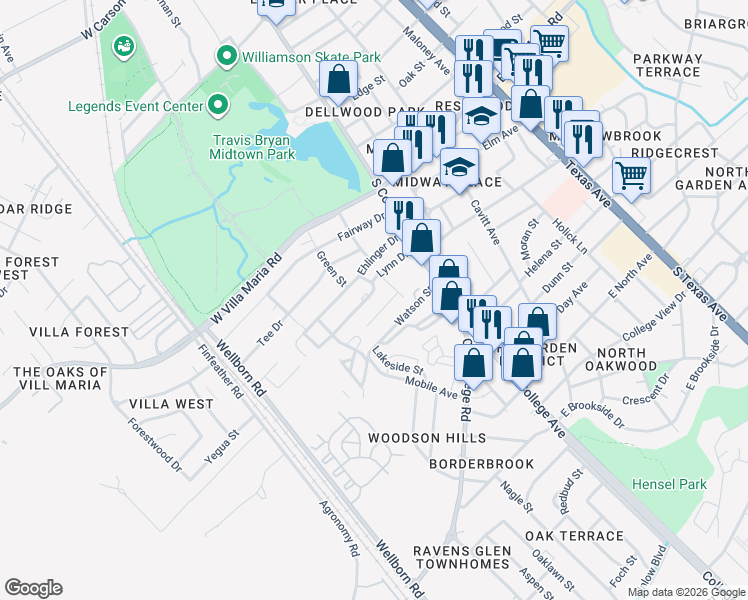 map of restaurants, bars, coffee shops, grocery stores, and more near 203 Lynn Drive in Bryan