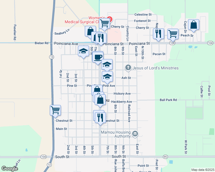 map of restaurants, bars, coffee shops, grocery stores, and more near 1008 7th Street in Mamou