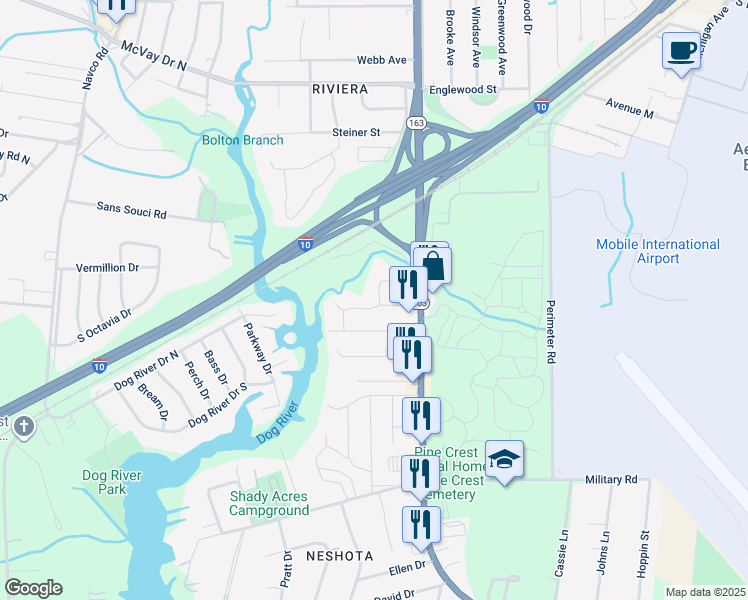 map of restaurants, bars, coffee shops, grocery stores, and more near 2050 Faye Street in Mobile