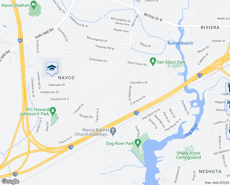 map of restaurants, bars, coffee shops, grocery stores, and more near 2508 Farnell Drive in Mobile