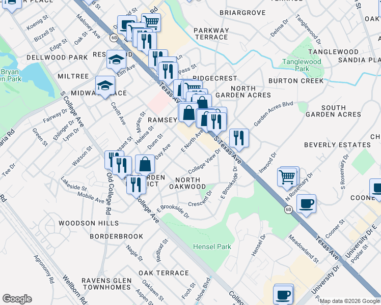 map of restaurants, bars, coffee shops, grocery stores, and more near 3801 Ridgewood Street in Bryan
