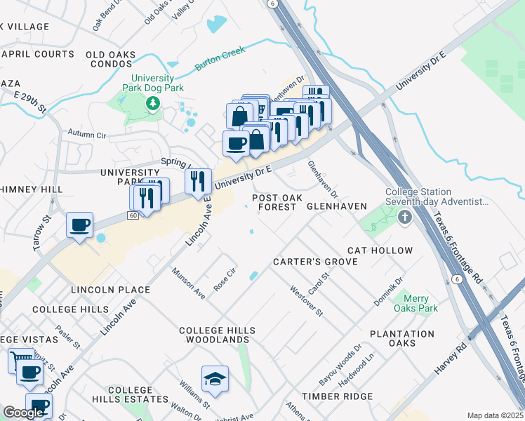 map of restaurants, bars, coffee shops, grocery stores, and more near 10 Forest Drive in College Station