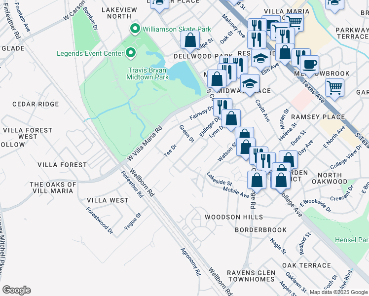 map of restaurants, bars, coffee shops, grocery stores, and more near 302 Ehlinger Drive in Bryan