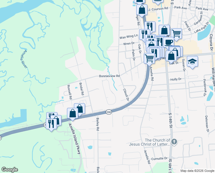 map of restaurants, bars, coffee shops, grocery stores, and more near 2032 Bonnie Oaks Drive in Fernandina Beach