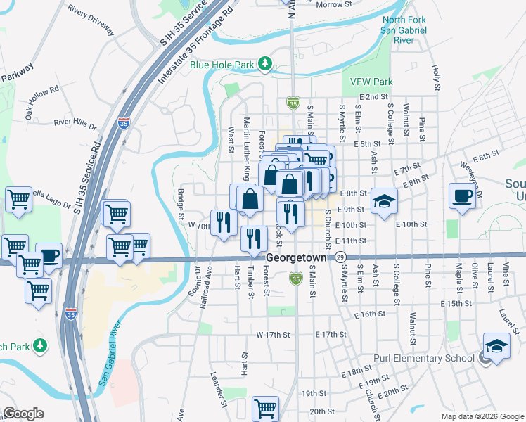 map of restaurants, bars, coffee shops, grocery stores, and more near 403 West 9th Street in Georgetown