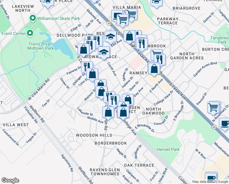 map of restaurants, bars, coffee shops, grocery stores, and more near 109 Pleasant Street in Bryan