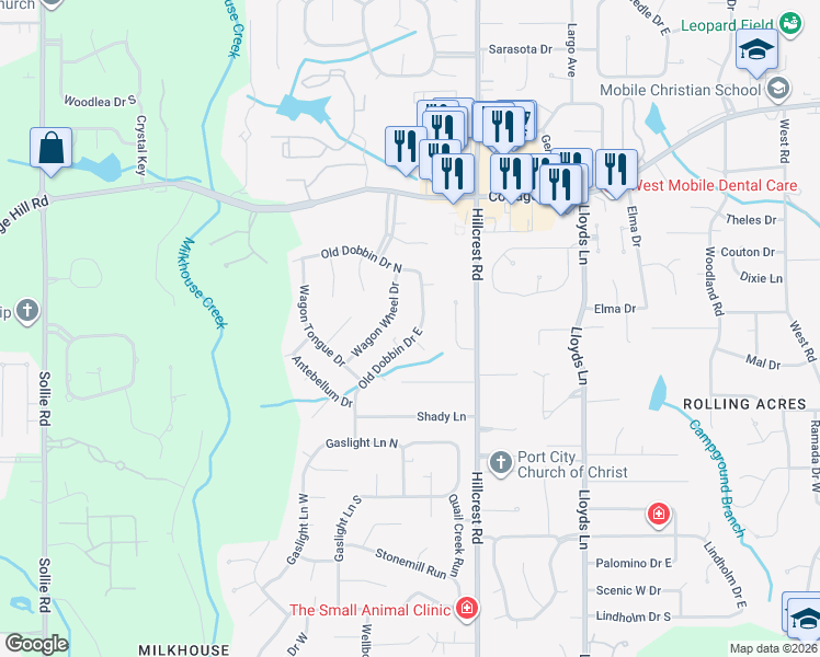map of restaurants, bars, coffee shops, grocery stores, and more near 2601 Wagon Wheel Drive in Mobile