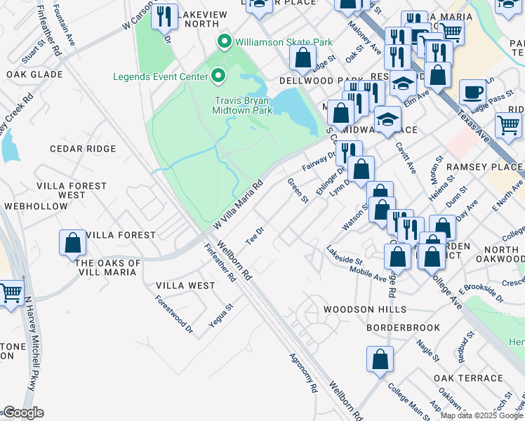map of restaurants, bars, coffee shops, grocery stores, and more near 3209 Link Street in Bryan