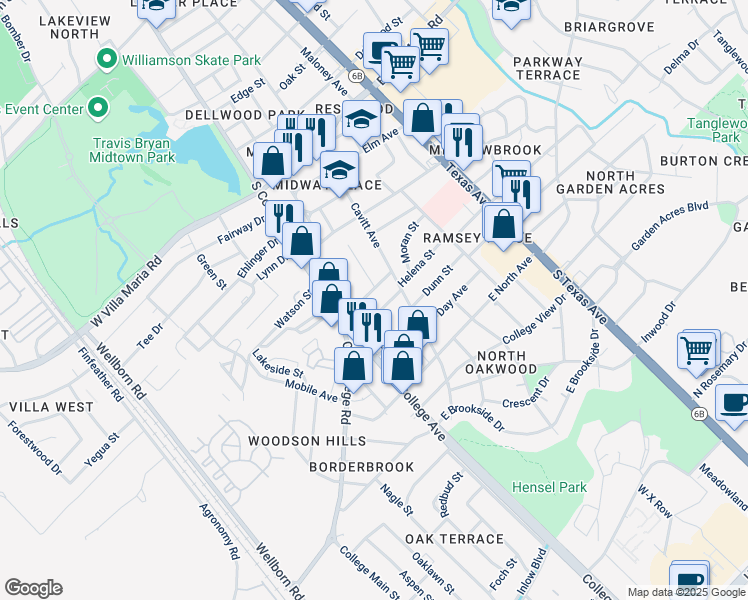 map of restaurants, bars, coffee shops, grocery stores, and more near 109 Pleasant Street in Bryan