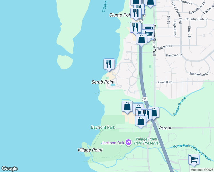 map of restaurants, bars, coffee shops, grocery stores, and more near 4 Yacht Club Drive in Daphne
