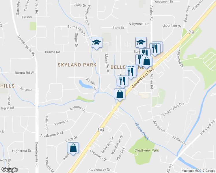 map of restaurants, bars, coffee shops, grocery stores, and more near Laval Drive in Mobile