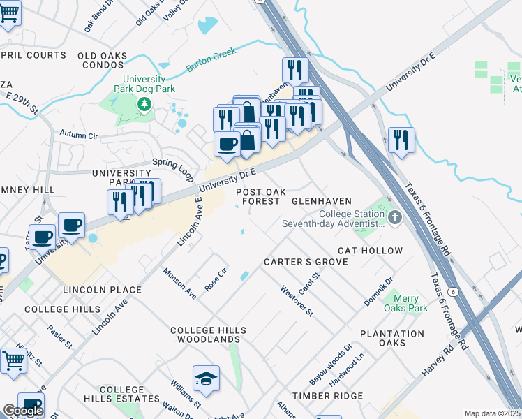 map of restaurants, bars, coffee shops, grocery stores, and more near 148 Forest Drive in College Station