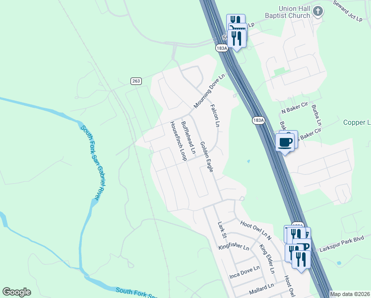map of restaurants, bars, coffee shops, grocery stores, and more near 169 Housefinch Loop in Leander