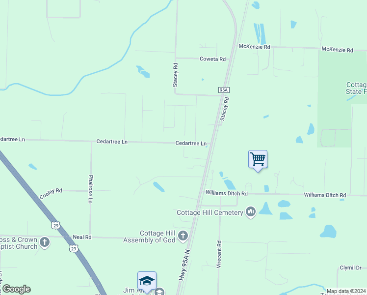 map of restaurants, bars, coffee shops, grocery stores, and more near 181 Cedartree Lane in Cantonment