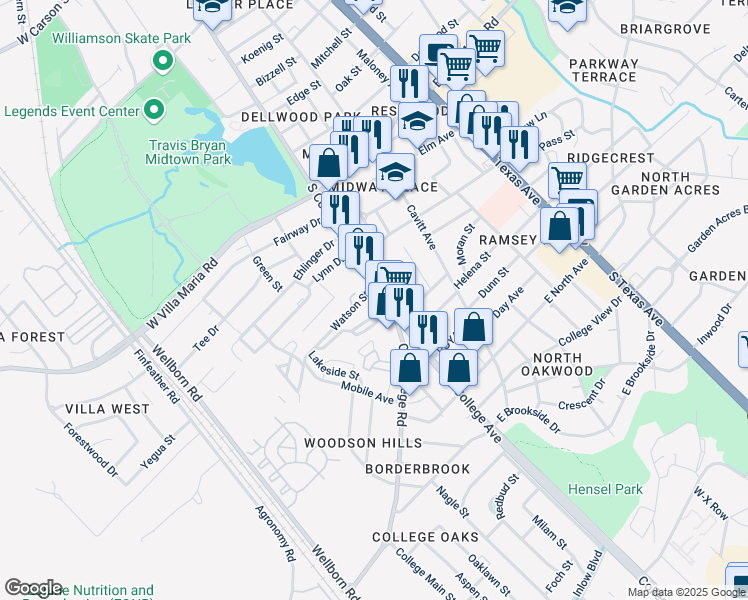 map of restaurants, bars, coffee shops, grocery stores, and more near 3503 South College Avenue in Bryan