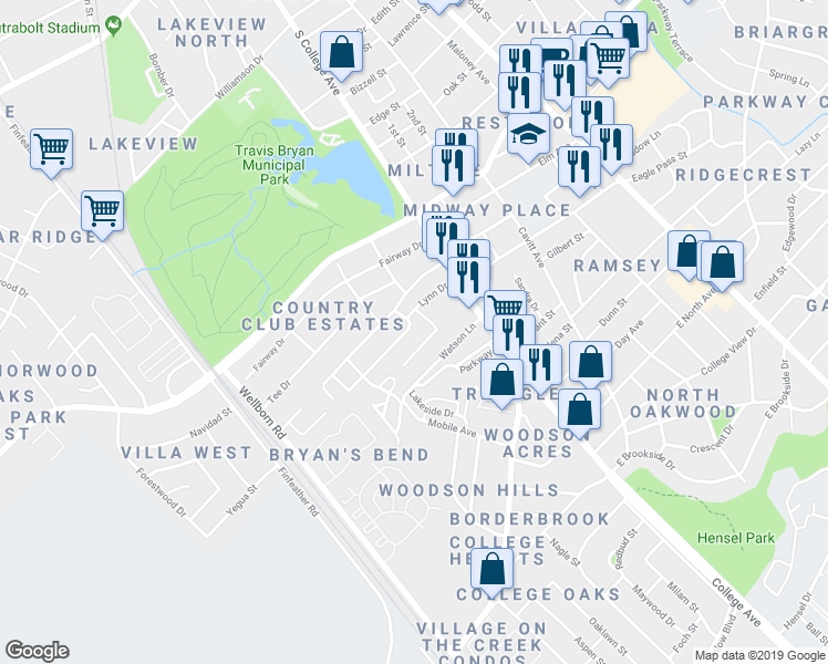 map of restaurants, bars, coffee shops, grocery stores, and more near 203 Lynn Drive in Bryan