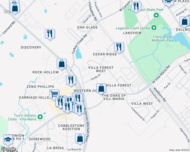 map of restaurants, bars, coffee shops, grocery stores, and more near 1006 Verde Drive in Bryan