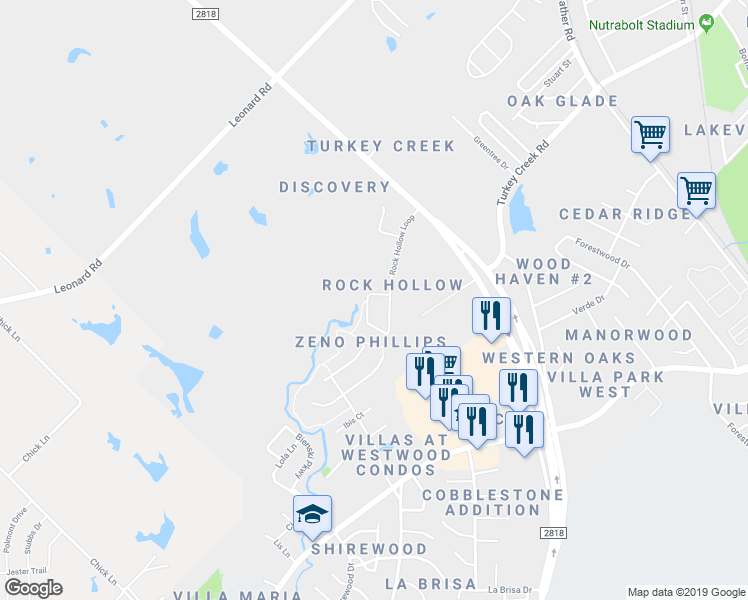 map of restaurants, bars, coffee shops, grocery stores, and more near 1628 Rock Hollow Loop in Bryan
