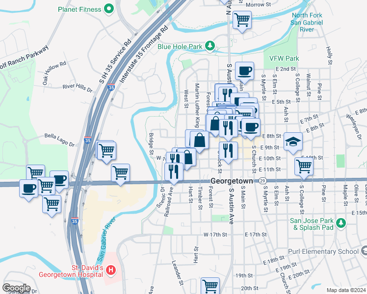 map of restaurants, bars, coffee shops, grocery stores, and more near 808 Martin Luther King Jr Street in Georgetown
