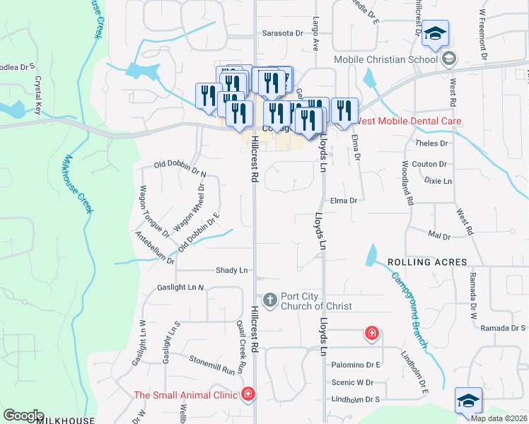 map of restaurants, bars, coffee shops, grocery stores, and more near 2612 Rose Court in Mobile