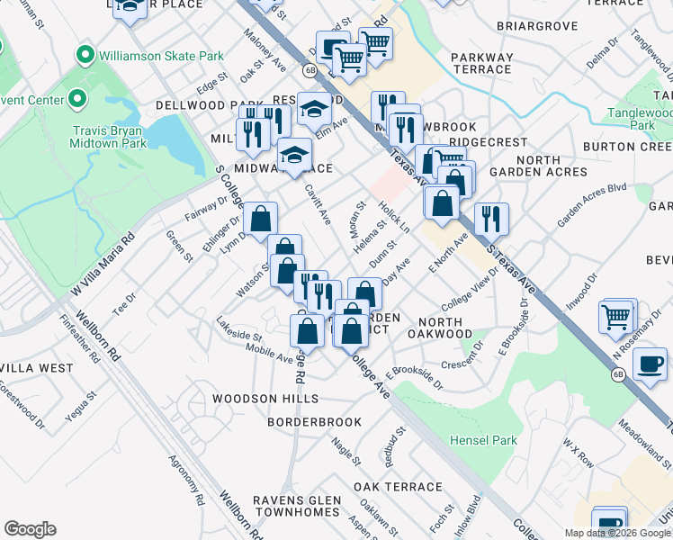 map of restaurants, bars, coffee shops, grocery stores, and more near 214 Helena Street in Bryan