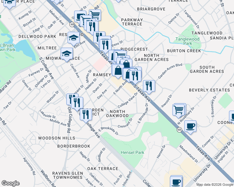 map of restaurants, bars, coffee shops, grocery stores, and more near 3801 Ridgewood Street in Bryan