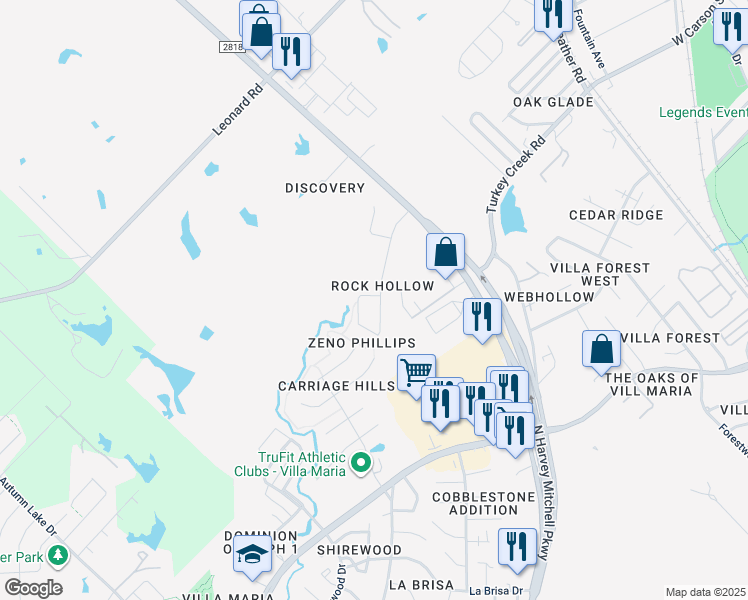 map of restaurants, bars, coffee shops, grocery stores, and more near 1700 Rock Hollow Loop in Bryan