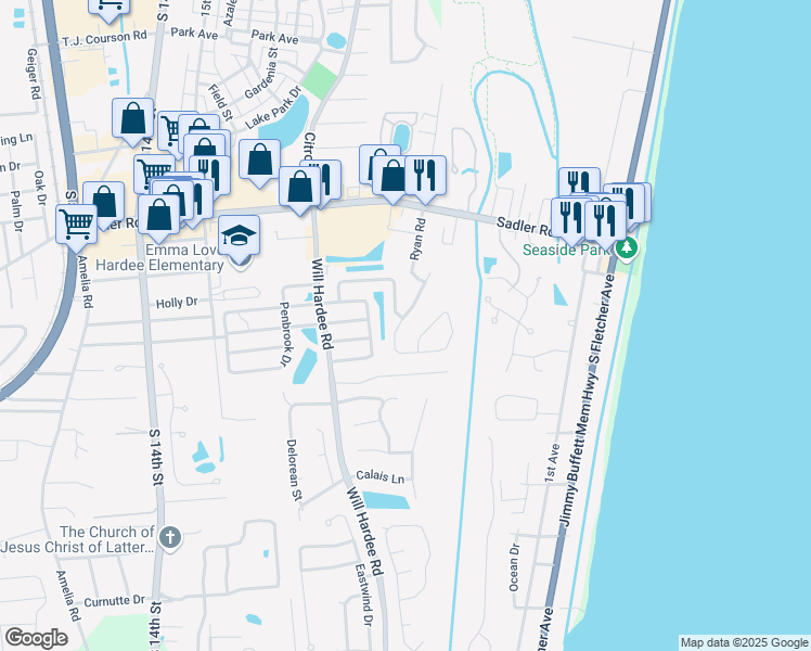 map of restaurants, bars, coffee shops, grocery stores, and more near 2406 Pirates Bay Drive in Fernandina Beach