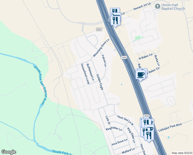 map of restaurants, bars, coffee shops, grocery stores, and more near 160 Golden Eagle Lane in Leander