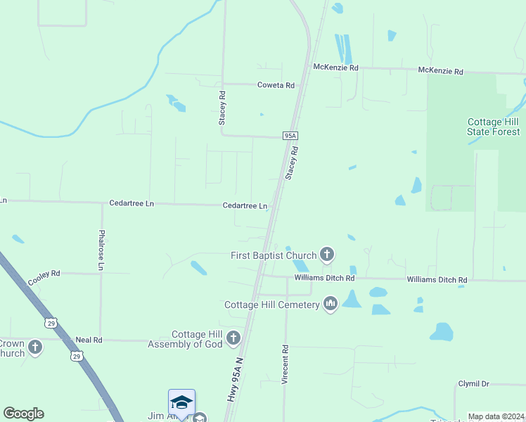 map of restaurants, bars, coffee shops, grocery stores, and more near 121 Cedartree Lane in Escambia County