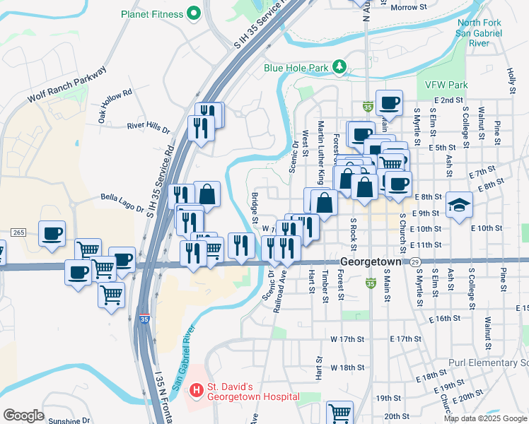 map of restaurants, bars, coffee shops, grocery stores, and more near 901 West 9th Street in Georgetown