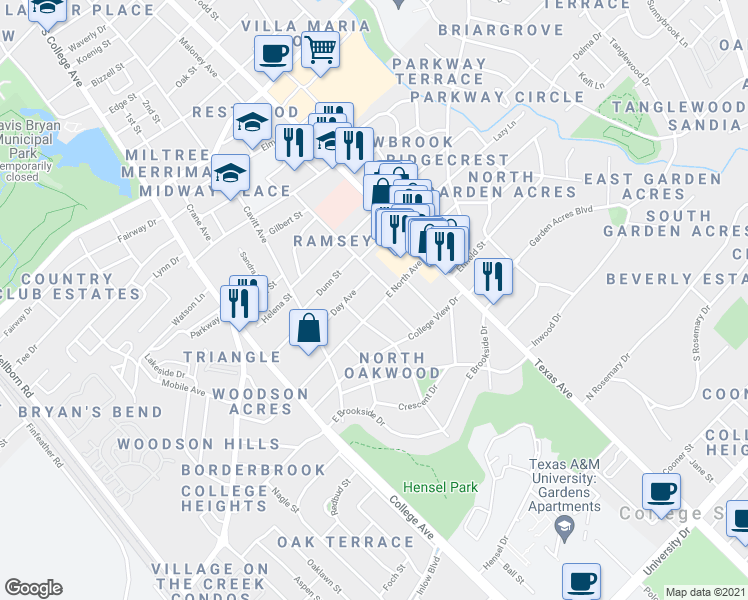 map of restaurants, bars, coffee shops, grocery stores, and more near 3801 Ridgewood Street in Bryan