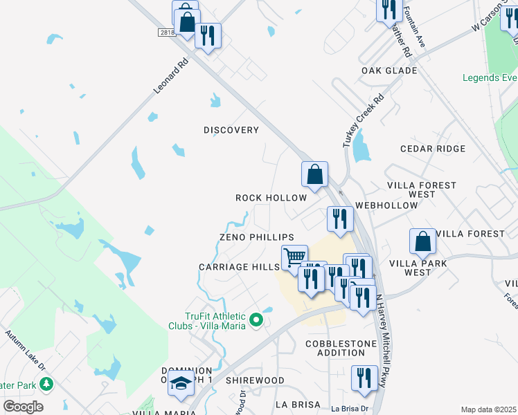 map of restaurants, bars, coffee shops, grocery stores, and more near 1628 Rock Hollow Loop in Bryan