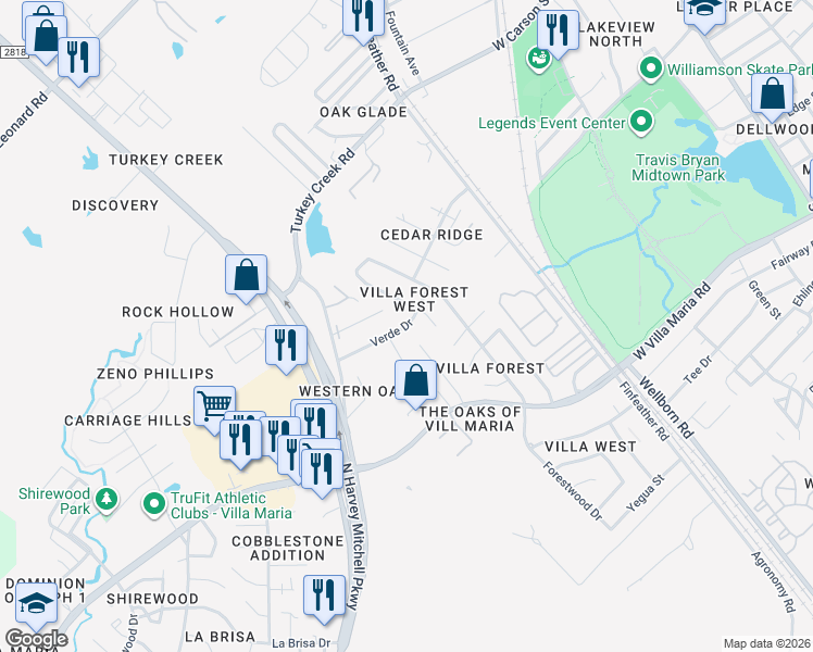 map of restaurants, bars, coffee shops, grocery stores, and more near 1006 Verde Drive in Bryan