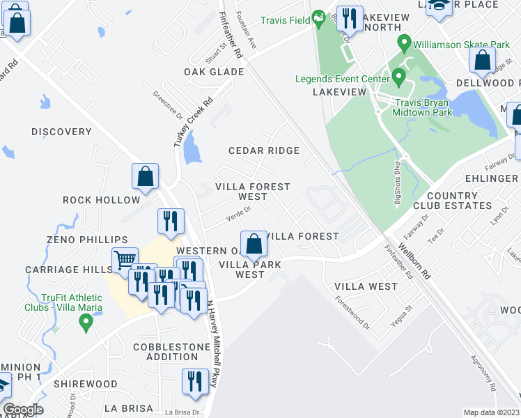 map of restaurants, bars, coffee shops, grocery stores, and more near 2908 Forest Bend Drive in Bryan