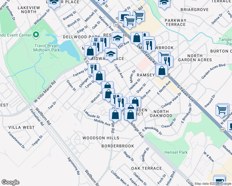 map of restaurants, bars, coffee shops, grocery stores, and more near 104 Pleasant Street in Bryan