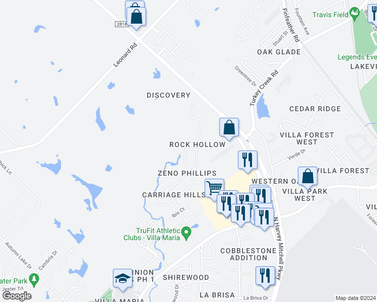 map of restaurants, bars, coffee shops, grocery stores, and more near 1740 Rock Hollow Loop in Bryan