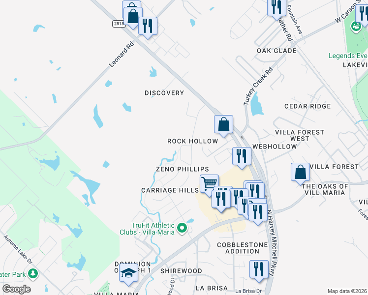 map of restaurants, bars, coffee shops, grocery stores, and more near 1628 Rock Hollow Loop in Bryan
