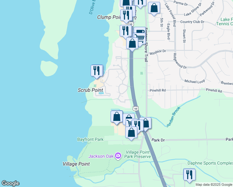 map of restaurants, bars, coffee shops, grocery stores, and more near 2200 East Bay Drive in Daphne