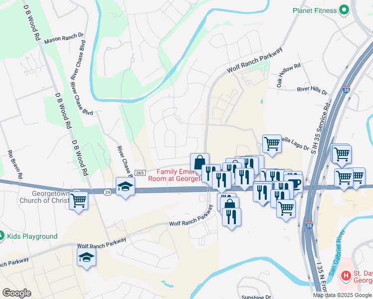 map of restaurants, bars, coffee shops, grocery stores, and more near 4221 Mercer Road in Georgetown